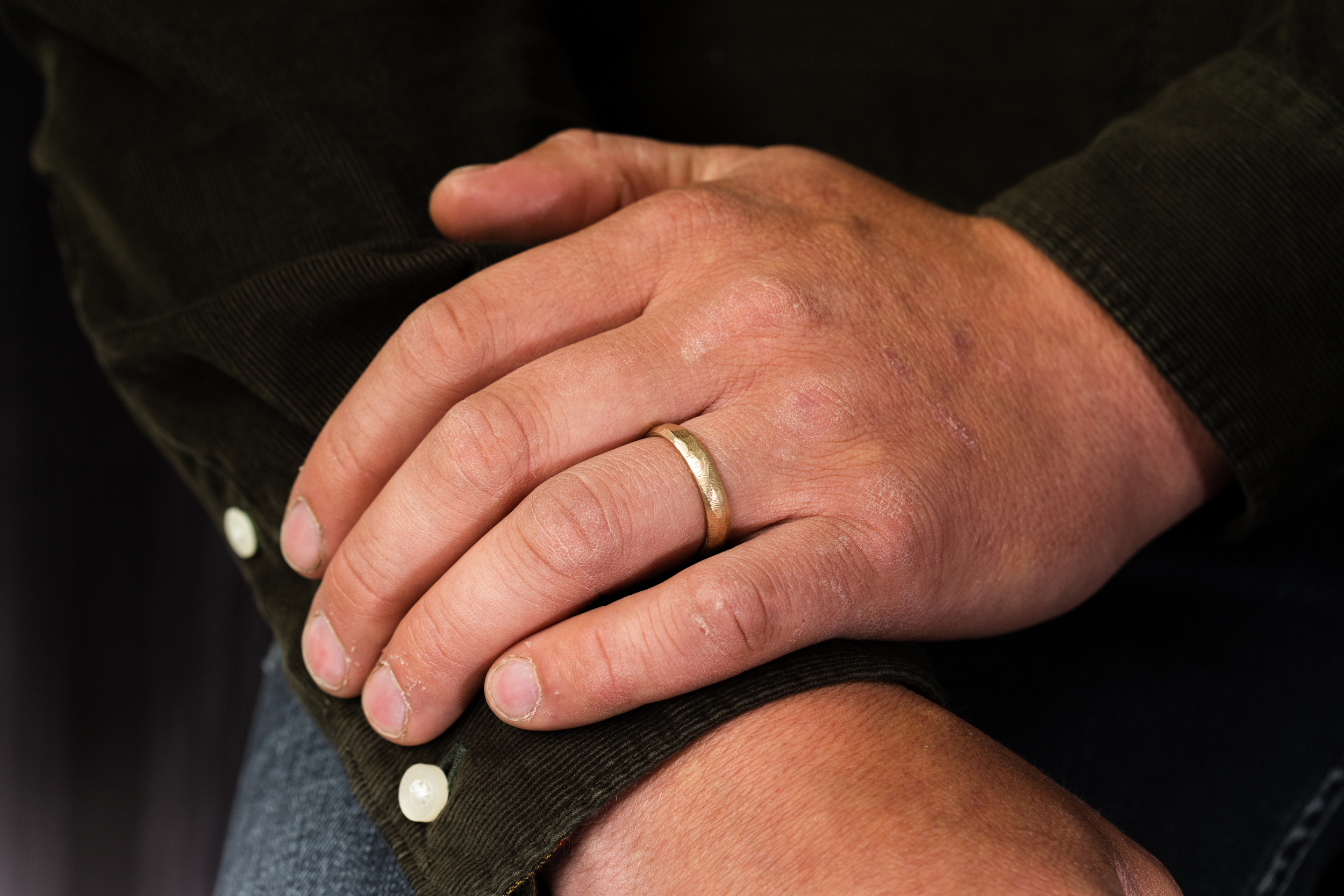 JWF Unique Designs- Colour-130 yellow gold sand cast ring, handmade in devon, uk by award winning goldsmith James French at jwf unique designs. the yellow gold wedding ring has a rustic, organic sand casting texture. polished on the inside from comfort. available in various widths from 2mm - 10mm and in either 9ct or 18ct yellow gold