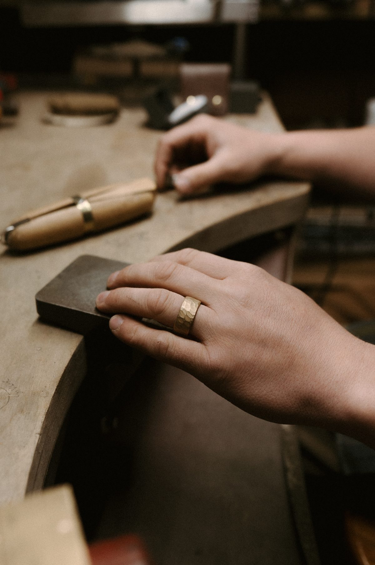 Bronze ring, bronze jewellery, bronze wedding rings, bronze wedding band, being modelled by James French at JWF Unique Designs, award winning goldsmith.