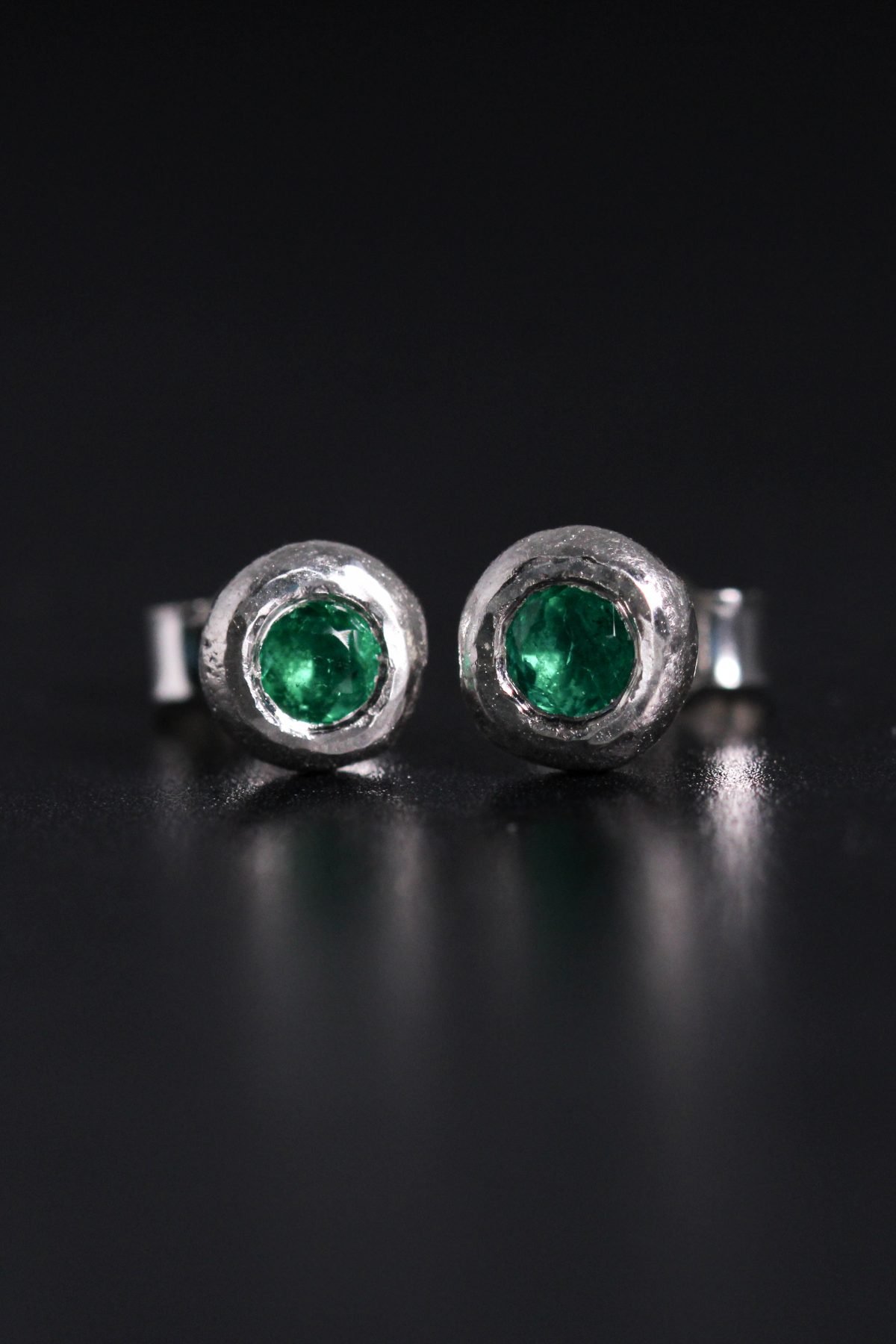 Emerald studs, emerald earrings, sandcast studs, emerald jewellery, handmade emerald earrings, handmade emerald studs, emeralds, silver studs, sterling silver earrings
