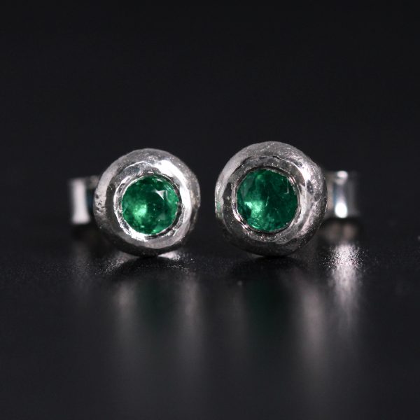 Emerald studs, emerald earrings, sandcast studs, emerald jewellery, handmade emerald earrings, handmade emerald studs, emeralds, silver studs, sterling silver earrings