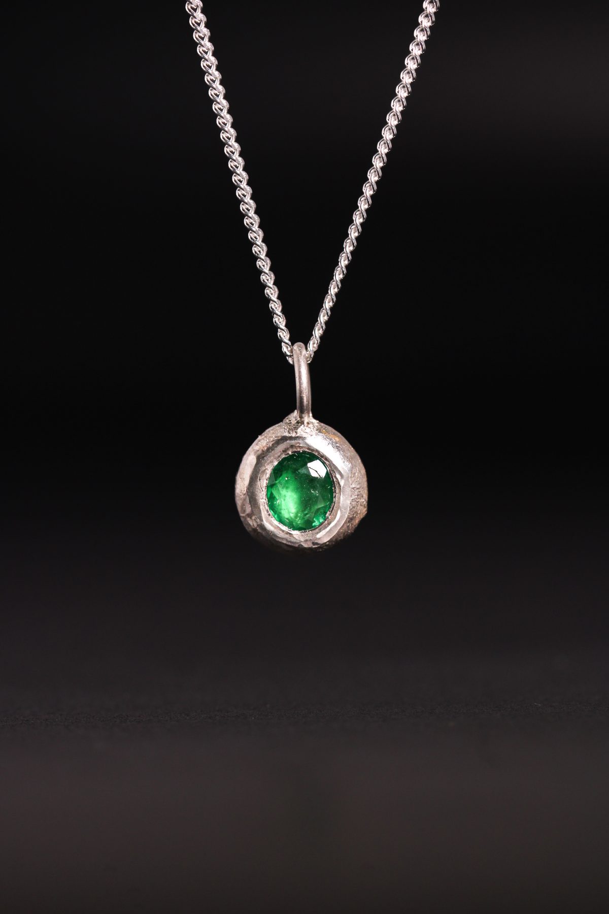 Emerald necklace, emerald pendant, bespoke emerald necklace, sandcast jewellery, sandcast pendant, sandcast necklace, jewellery