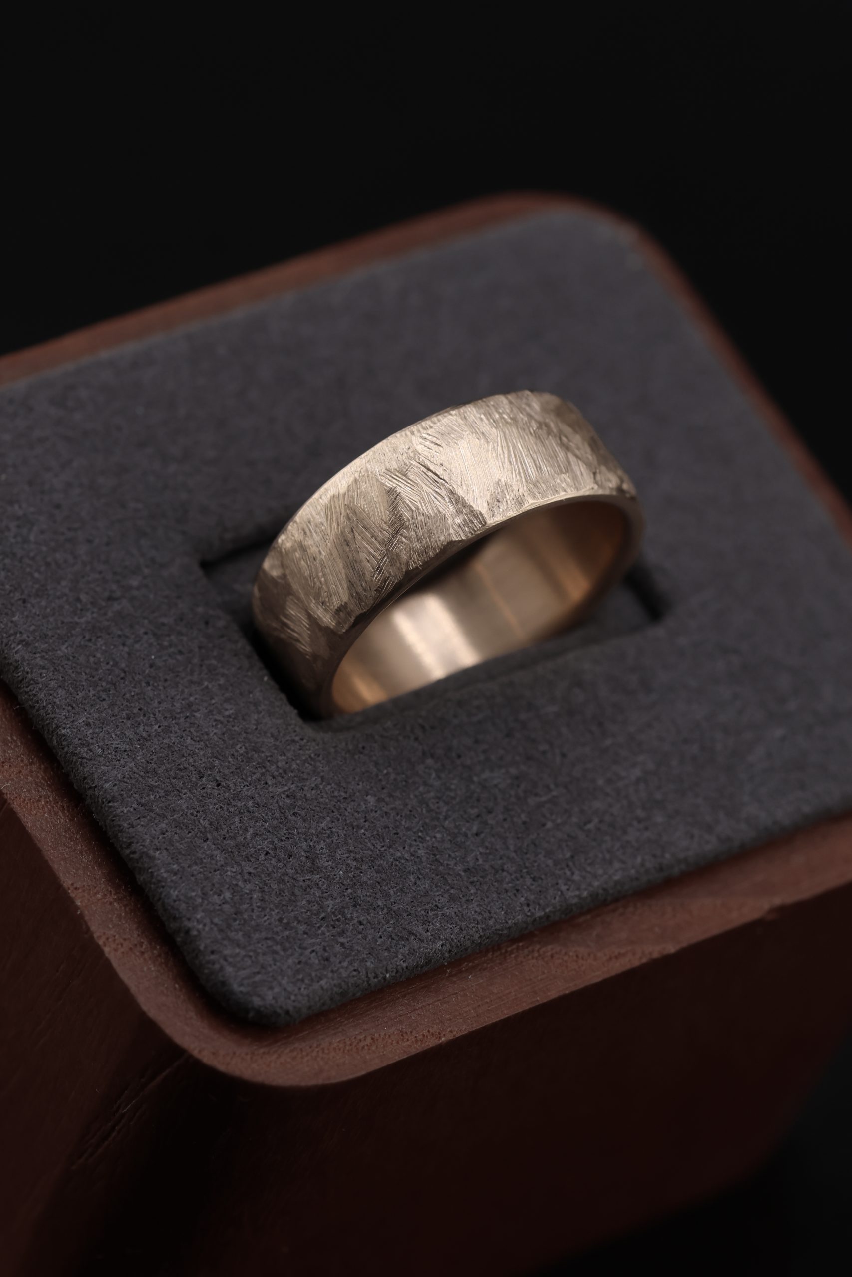 9E2A5745 mens bronze wedding ring in a unique cast texture, flat profile and satin finish. 8mm width