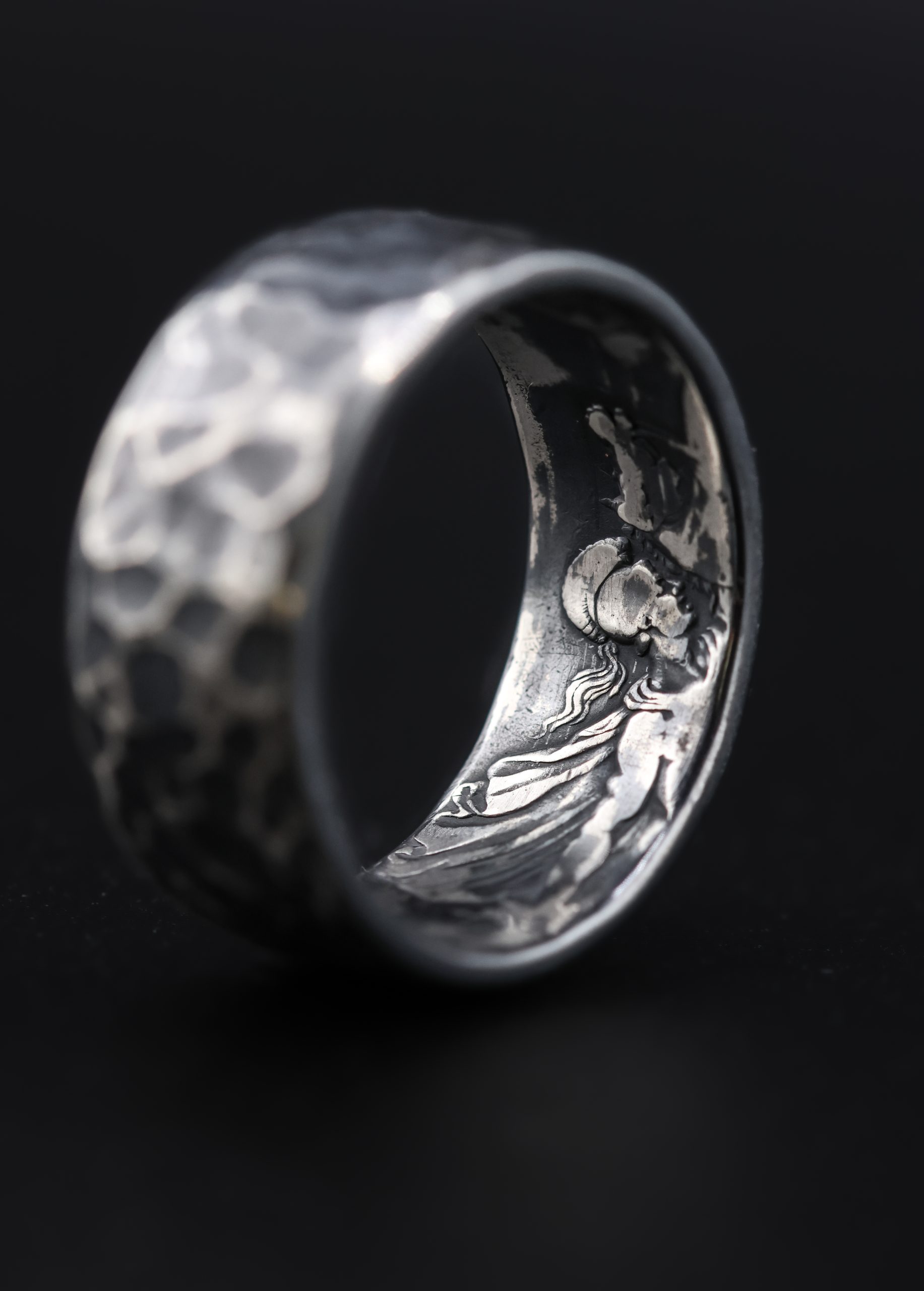 9E2A2165-3 Full Crown Coin Ring – Hammered Sterling Silver Wedding Ring - Image 2