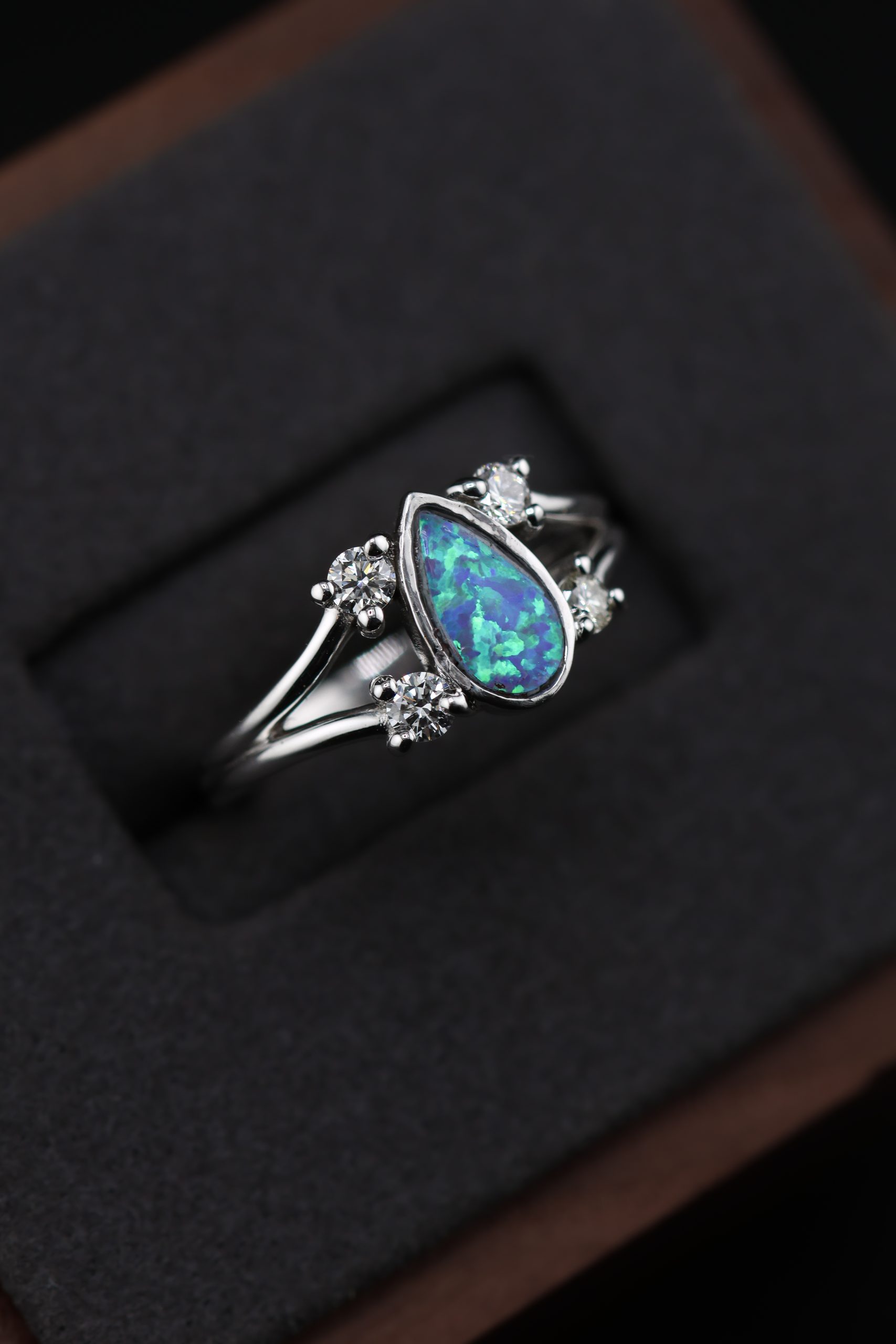 9E2A4364 White Gold Opal and Diamond Engagement Ring – Split Shank Design - Image 5