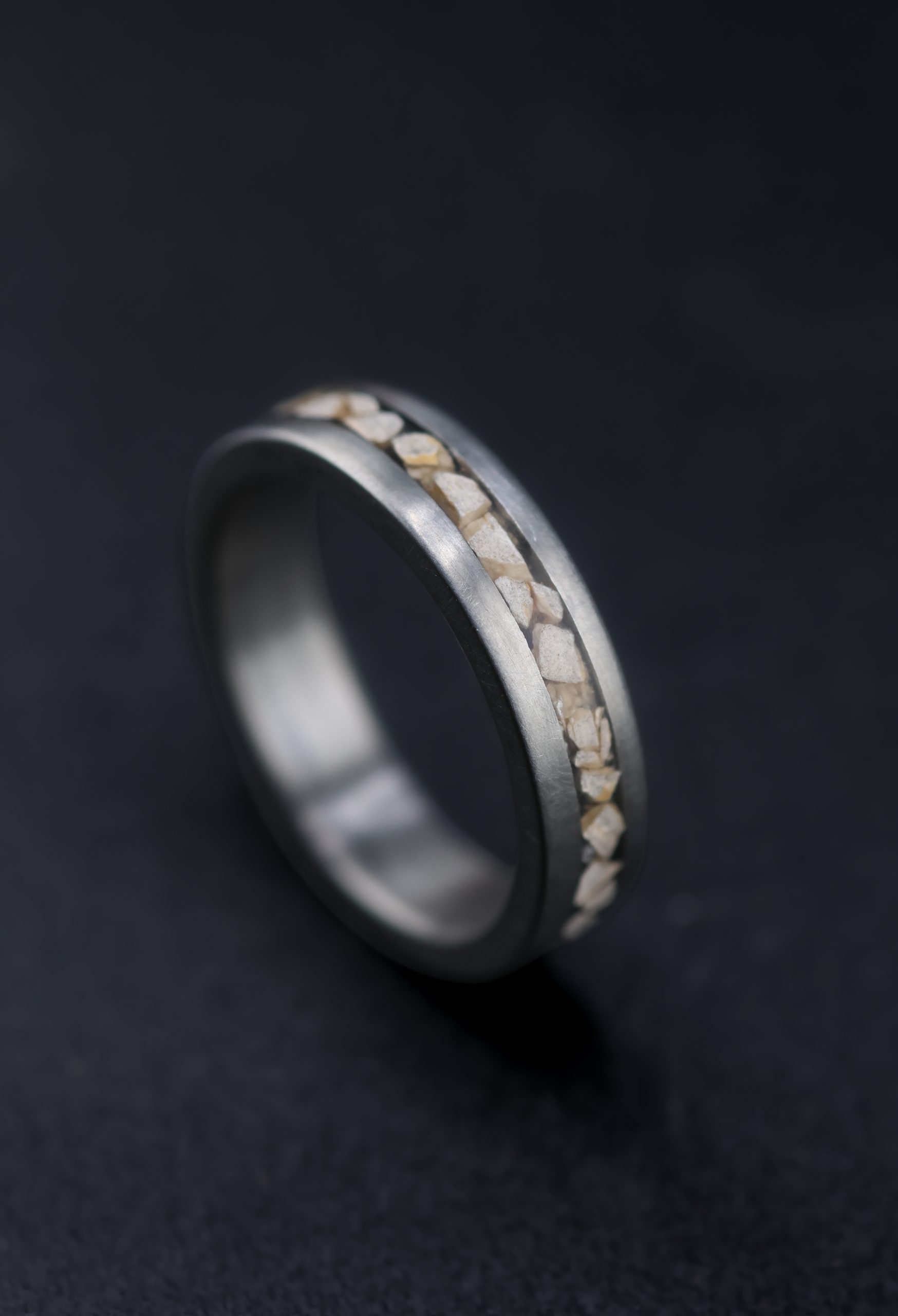 9E2A3898 Titanium dinosaur fossil wedding ring. 5mm wide band featuring certified fossilised Stegosaurus dinosaur bone and Lightweight and durable men's wedding ring. Handmade in Devon, UK by award-winning goldsmith James Frenc