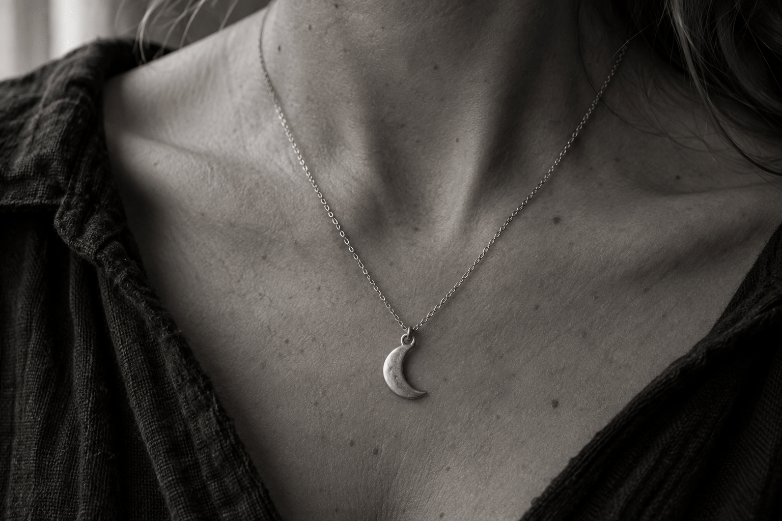 Crescent Moon - JWF Unique Designs A Sterling Silver Moon Crescent Pendant, hanging on a 18ch Inch Silver chain. The silver moon pendant has an organic, rustic feel and is matte in finish. The small moon necklace is a perfect gift for her. Handmade in Devon, UK by award winning jeweller, James French.